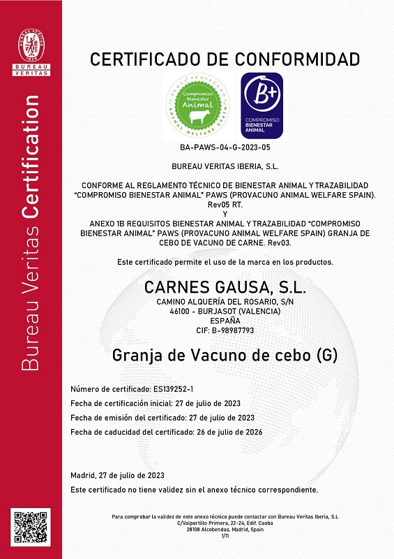 Certificacin bienestar ANIMAL WELFARE de CARNES GAUSA